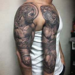 Design a full sleeve tattoo with Greek elements - the symbol of war, scenes of Greek boxing and Greco-Roman wrestling etched in intricate details.