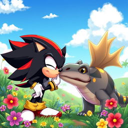 A whimsical and fantastical scene depicting Shadow the Hedgehog leaning in to kiss a friendly Spinosaurus in a vibrant prehistoric landscape