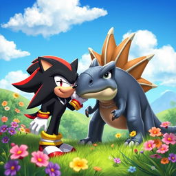 A whimsical and fantastical scene depicting Shadow the Hedgehog leaning in to kiss a friendly Spinosaurus in a vibrant prehistoric landscape