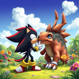 A whimsical and fantastical scene depicting Shadow the Hedgehog leaning in to kiss a friendly Spinosaurus in a vibrant prehistoric landscape