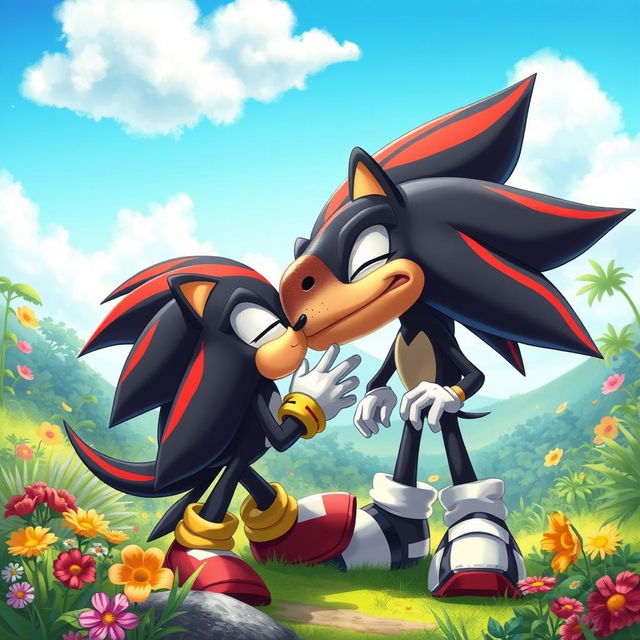 A whimsical and fantastical scene depicting Shadow the Hedgehog leaning in to kiss a friendly Spinosaurus in a vibrant prehistoric landscape