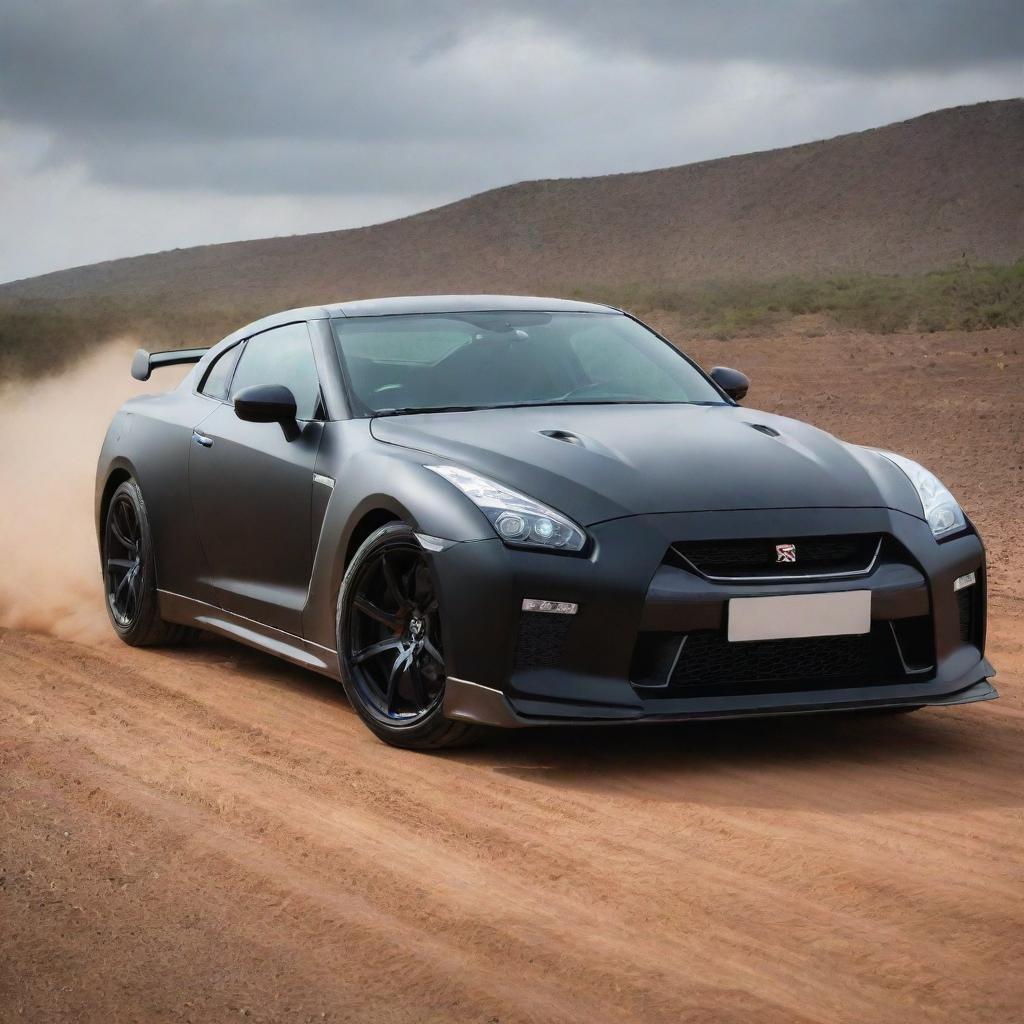 An exhilarating image of the matte black 2024 Nissan GT-R, equipped with a 3.8-liter V6, 24-valve, twin-turbocharged engine, tackling off-road terrains in the diverse landscapes of Africa.