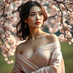 A beautiful, artistic representation of a Chinese woman in an elegant pose, draped with traditional silk fabric that gently accentuates her natural beauty, set against a serene backdrop of cherry blossoms in full bloom