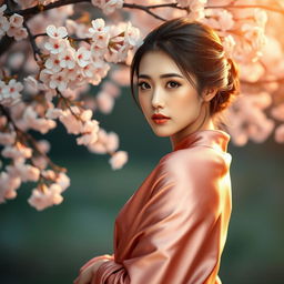 A beautiful, artistic representation of a Chinese woman in an elegant pose, draped with traditional silk fabric that gently accentuates her natural beauty, set against a serene backdrop of cherry blossoms in full bloom