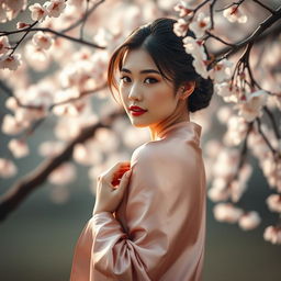 A beautiful, artistic representation of a Chinese woman in an elegant pose, draped with traditional silk fabric that gently accentuates her natural beauty, set against a serene backdrop of cherry blossoms in full bloom