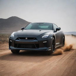 An exhilarating image of the matte black 2024 Nissan GT-R, equipped with a 3.8-liter V6, 24-valve, twin-turbocharged engine, tackling off-road terrains in the diverse landscapes of Africa.