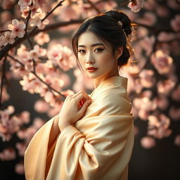 A beautiful, artistic representation of a Chinese woman in an elegant pose, draped with traditional silk fabric that gently accentuates her natural beauty, set against a serene backdrop of cherry blossoms in full bloom