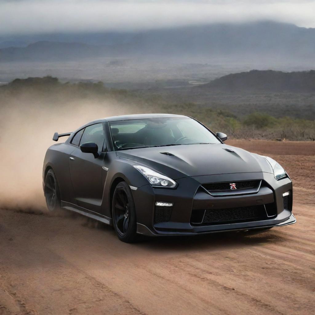 An exhilarating image of the matte black 2024 Nissan GT-R, equipped with a 3.8-liter V6, 24-valve, twin-turbocharged engine, tackling off-road terrains in the diverse landscapes of Africa.