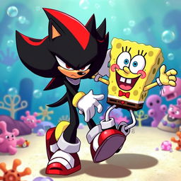 A whimsical scene featuring Shadow the Hedgehog and SpongeBob SquarePants energetically dancing together in a skibidi style