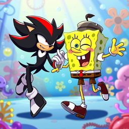 A whimsical scene featuring Shadow the Hedgehog and SpongeBob SquarePants energetically dancing together in a skibidi style