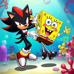 A whimsical scene featuring Shadow the Hedgehog and SpongeBob SquarePants energetically dancing together in a skibidi style