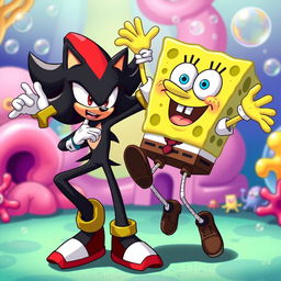 A whimsical scene featuring Shadow the Hedgehog and SpongeBob SquarePants energetically dancing together in a skibidi style