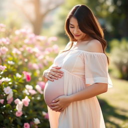 A serene portrait of a pregnant woman gently cradling her belly, radiating beauty and maternal warmth