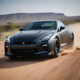 An exhilarating image of the matte black 2024 Nissan GT-R, equipped with a 3.8-liter V6, 24-valve, twin-turbocharged engine, tackling off-road terrains in the diverse landscapes of Africa.