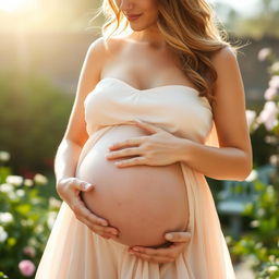 A serene portrait of a pregnant woman gently cradling her belly, radiating beauty and maternal warmth