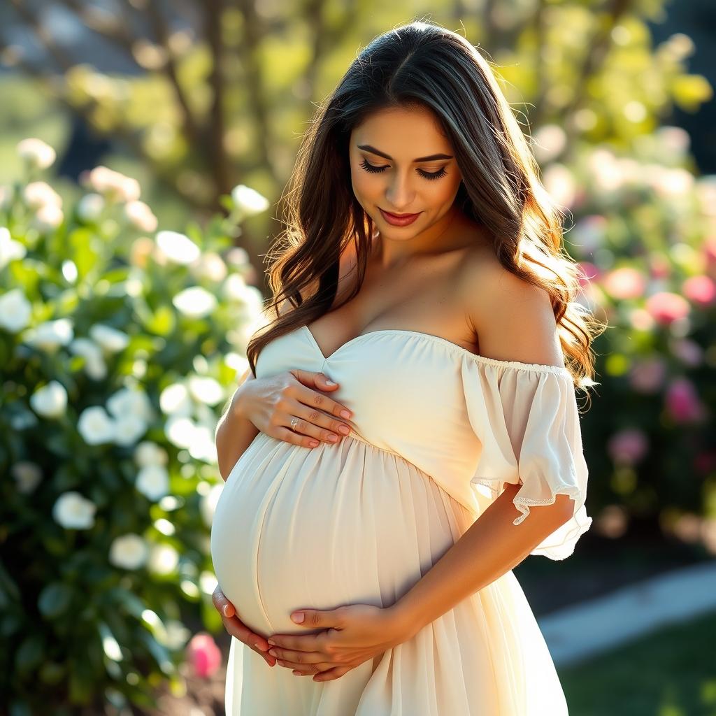 A serene portrait of a pregnant woman gently cradling her belly, radiating beauty and maternal warmth