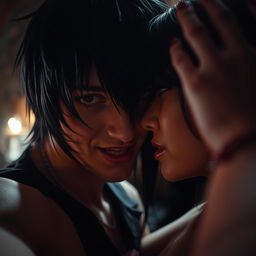 A dramatic and intense POV shot capturing the moment of passionate intimacy, featuring a character with striking jet black hair and mesmerizing red eyes