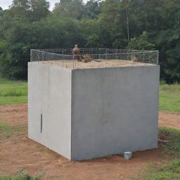 On the sanctuary grounds, depict the wealthy individual constructing a 20-meter high concrete enclosure, topped with an electric fence, housing the agile raptors in a safe and secure manner.