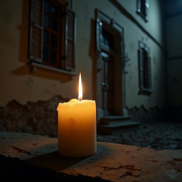 A close-up view of a flickering candle, its warm glow illuminating the darkness in front of an old, eerie building