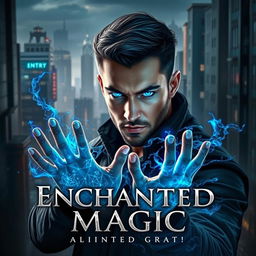 A captivating book cover for 'ENCHANTED MAGIC', featuring a man with a striking blue glow in his eyes, positioned in a three-quarter view