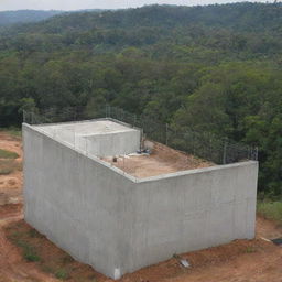 On the sanctuary grounds, depict the wealthy individual constructing a 20-meter high concrete enclosure, topped with an electric fence, housing the agile raptors in a safe and secure manner.