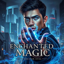 A captivating book cover for 'ENCHANTED MAGIC', featuring a man with a striking blue glow in his eyes, positioned in a three-quarter view