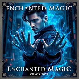 A captivating book cover for 'ENCHANTED MAGIC', featuring a man with a striking blue glow in his eyes, positioned in a three-quarter view