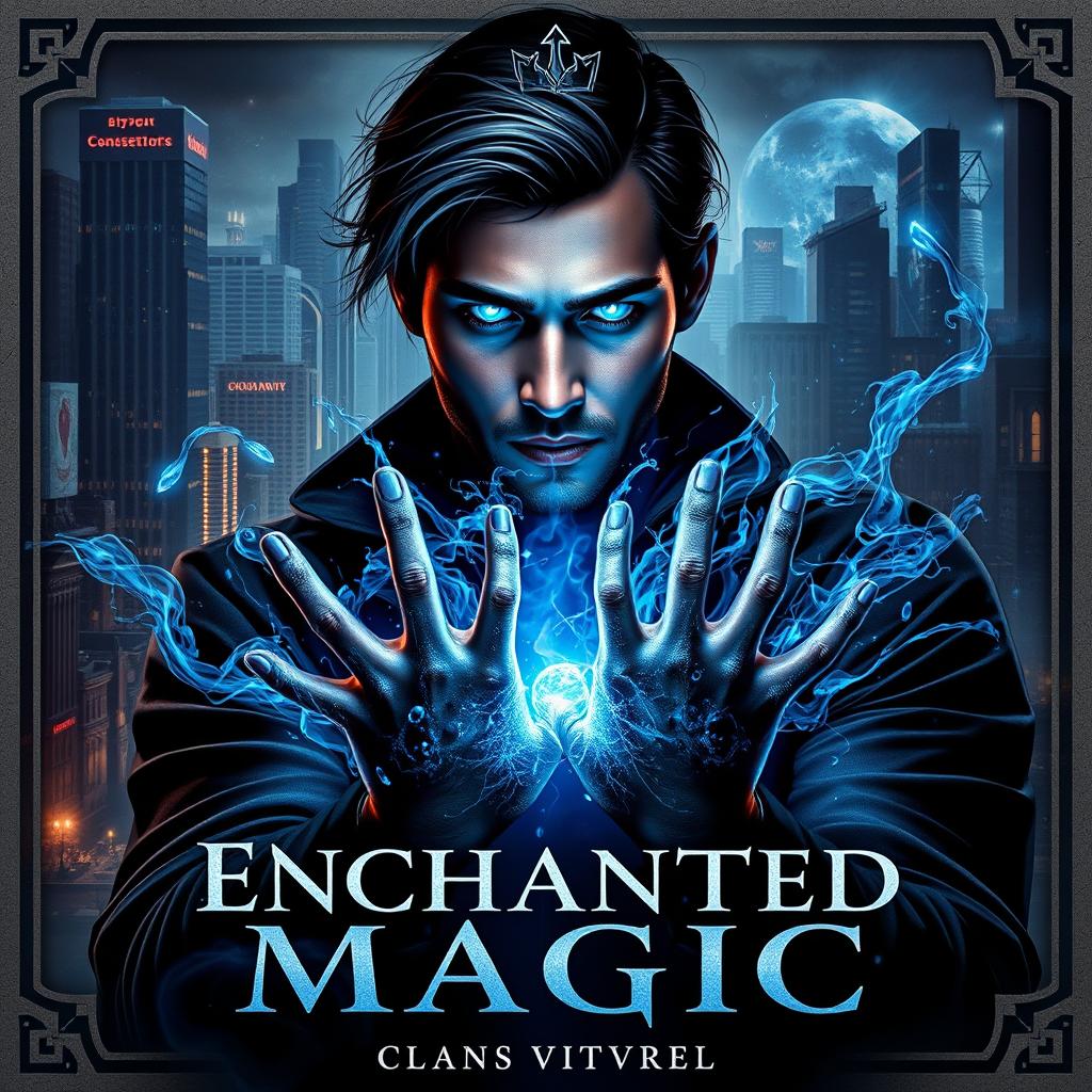 A captivating book cover for 'ENCHANTED MAGIC', featuring a man with a striking blue glow in his eyes, positioned in a three-quarter view