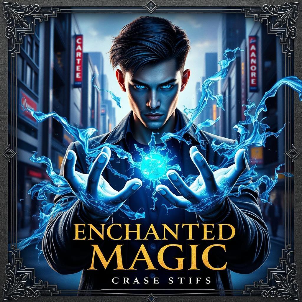 A visually striking book cover for 'ENCHANTED MAGIC', featuring a man with a mesmerizing blue glow in his eyes, depicted in a three-quarter view