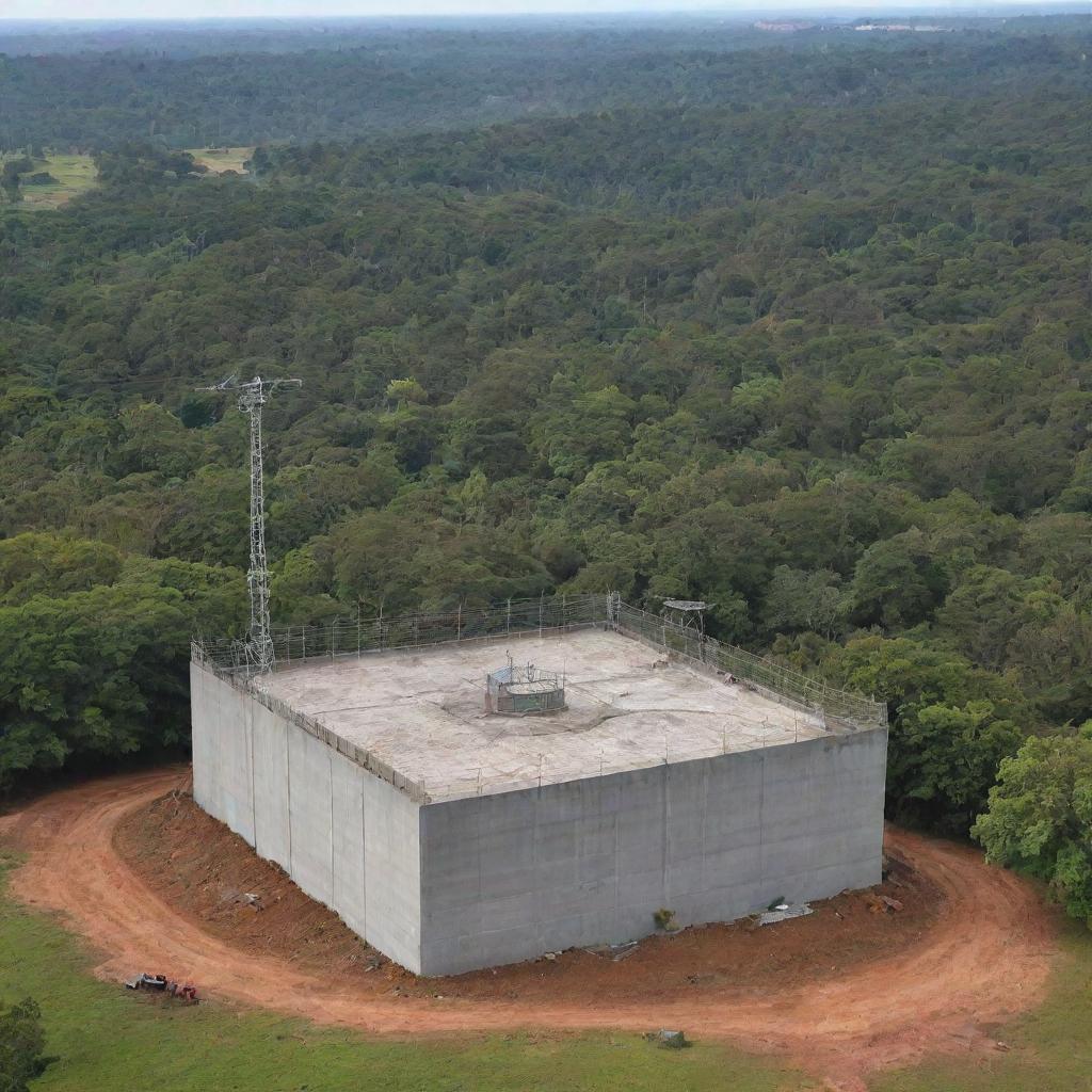 On the sanctuary grounds, depict the wealthy individual constructing a 20-meter high concrete enclosure, topped with an electric fence, housing the agile raptors in a safe and secure manner.