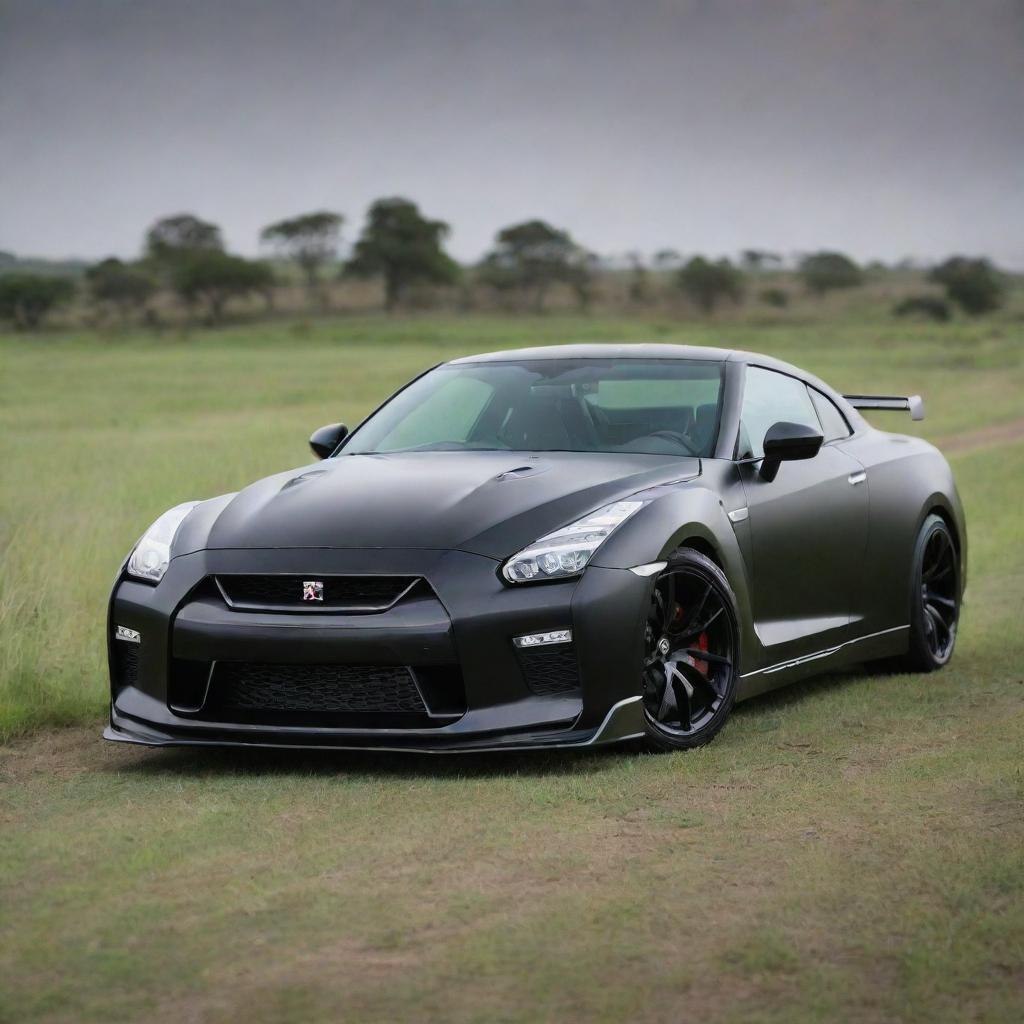 An electrifying scene of a matte black 2024 Nissan GT-R, its 3.8-liter V6 twin-turbocharged engine roaring, perched above grass, with prowling African tigers observing from a distance.