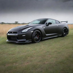 An electrifying scene of a matte black 2024 Nissan GT-R, its 3.8-liter V6 twin-turbocharged engine roaring, perched above grass, with prowling African tigers observing from a distance.