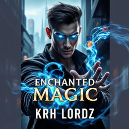 A striking book cover for 'ENCHANTED MAGIC' featuring a man with a captivating blue glow of magic emanating from his eyes, depicted in a three-quarter view