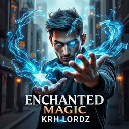 A striking book cover for 'ENCHANTED MAGIC' featuring a man with a captivating blue glow of magic emanating from his eyes, depicted in a three-quarter view