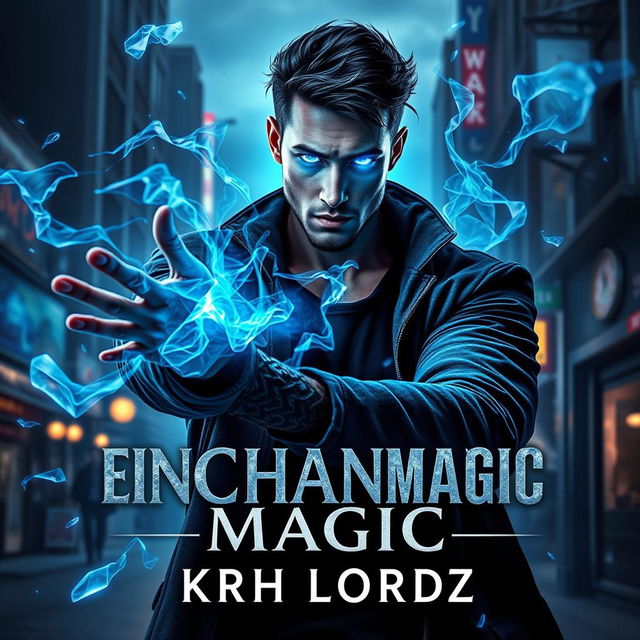 A striking book cover for 'ENCHANTED MAGIC' featuring a man with a captivating blue glow of magic emanating from his eyes, depicted in a three-quarter view