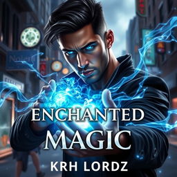 A striking book cover for 'ENCHANTED MAGIC' featuring a man with a captivating blue glow of magic emanating from his eyes, depicted in a three-quarter view