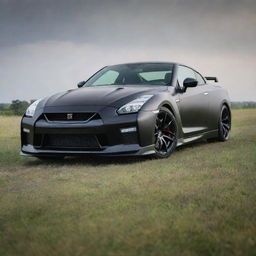 An electrifying scene of a matte black 2024 Nissan GT-R, its 3.8-liter V6 twin-turbocharged engine roaring, perched above grass, with prowling African tigers observing from a distance.