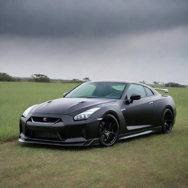 An electrifying scene of a matte black 2024 Nissan GT-R, its 3.8-liter V6 twin-turbocharged engine roaring, perched above grass, with prowling African tigers observing from a distance.