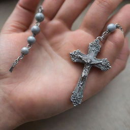 Close-up view of enraged hands tightly gripping a delicate, intricately carved rosary.