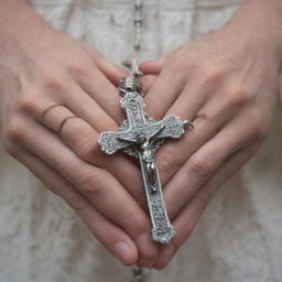 Close-up view of enraged hands tightly gripping a delicate, intricately carved rosary.