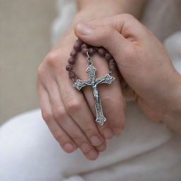 Close-up view of enraged hands tightly gripping a delicate, intricately carved rosary.