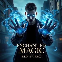 Book cover design titled 'ENCHANTED MAGIC' featuring a man with a mesmerizing blue glow in his eyes, viewed from a three-quarter angle