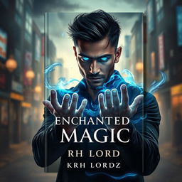 Book cover design titled 'ENCHANTED MAGIC' featuring a man with a mesmerizing blue glow in his eyes, viewed from a three-quarter angle