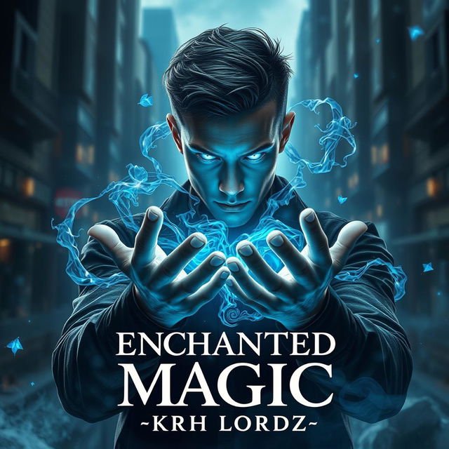 Book cover design titled 'ENCHANTED MAGIC' featuring a man with a mesmerizing blue glow in his eyes, viewed from a three-quarter angle