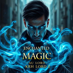 Book cover design titled 'ENCHANTED MAGIC' featuring a man with a mesmerizing blue glow in his eyes, viewed from a three-quarter angle