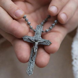 Close-up view of enraged hands tightly gripping a delicate, intricately carved rosary.