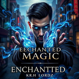 Book cover design titled 'ENCHANTED MAGIC' featuring a man with a captivating blue glow in his eyes, shown in a three-quarter view