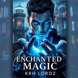 Book cover design titled 'ENCHANTED MAGIC' featuring a man with a captivating blue glow in his eyes, shown in a three-quarter view