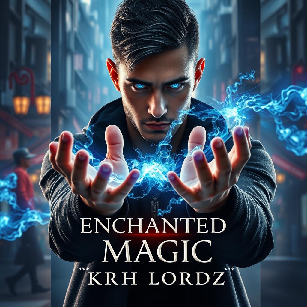 Book cover design titled 'ENCHANTED MAGIC' featuring a man with a captivating blue glow in his eyes, shown in a three-quarter view