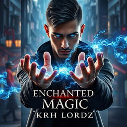 Book cover design titled 'ENCHANTED MAGIC' featuring a man with a captivating blue glow in his eyes, shown in a three-quarter view